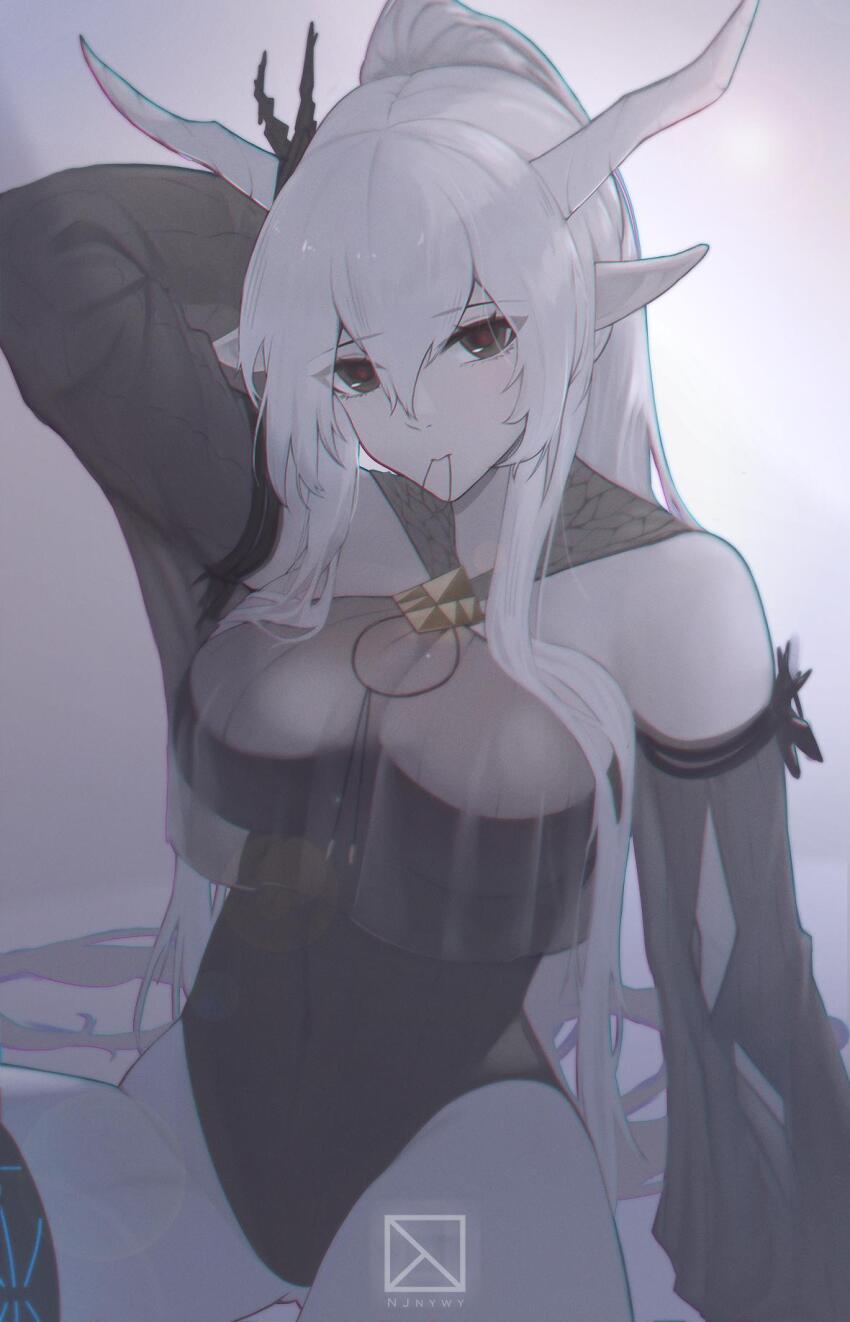 1girl arknights black_one-piece_swimsuit highres horns njnywy one-piece_swimsuit pointy_ears shining_(arknights) shining_(silent_night)_(arknights) swimsuit white_hair