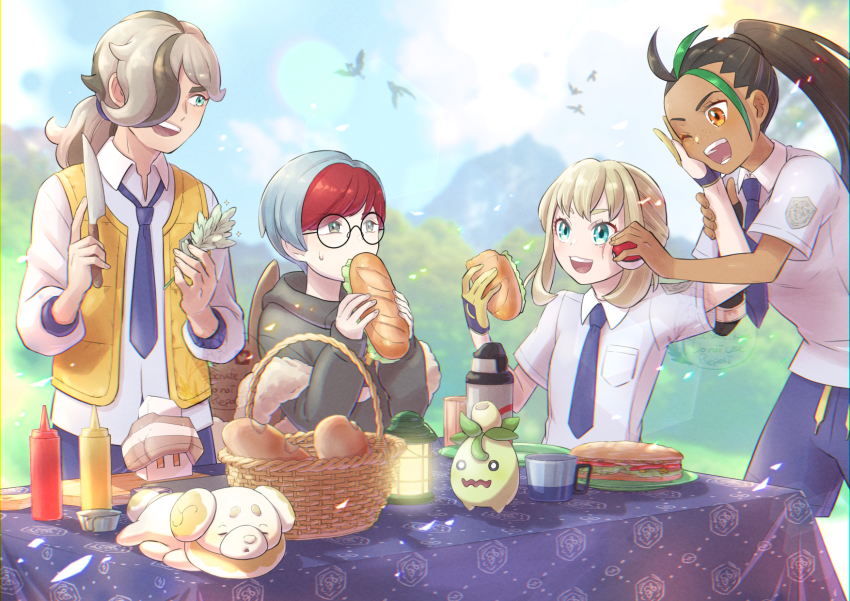1boy 3girls ;d arven_(pokemon) basket blonde_hair bombirdier bottle bread brown_hair cloud commentary_request cup dark-skinned_female dark_skin day eating eyelashes fidough food glasses green_hair highres holding holding_food holding_knife holding_poke_ball juliana_(pokemon) ketchup_bottle knife multicolored_hair multiple_girls mustard_bottle nacli nemona_(pokemon) nintendo one_eye_closed open_mouth orange_eyes outdoors penny_(pokemon) plate poke_ball poke_ball_(basic) pokemon pokemon_(creature) pokemon_sv ponytail red_hair round_eyewear sandwich schafe_kuh short_hair sky smile smoliv sweatdrop teeth two-tone_hair