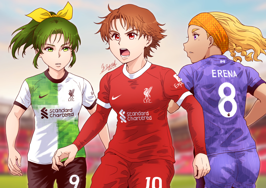 3girls amamiya_elena artist_name black_shorts blonde_hair blurry blurry_background brown_hair closed_mouth clothes_writing commentary commentary_request dark-skinned_female dark_skin dated day english_commentary frown green_eyes green_hair headband highres in-franchise_crossover layered_sleeves liverpool_fc long_sleeves medium_hair midorikawa_nao mixed-language_commentary mole mole_under_eye multiple_girls natsuki_rin open_mouth orange_headband outdoors ponytail precure purple_eyes purple_shirt purple_shorts red_eyes red_shirt red_shorts satou_yasu shirt short_hair short_over_long_sleeves short_sleeves shorts signature smile_precure! soccer soccer_uniform sportswear star_twinkle_precure white_shirt yes!_precure_5