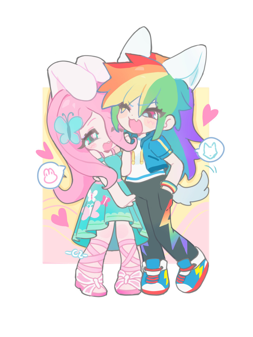 2girls ;d absurdres alternate_skin_color animal_ears animal_print blonde_hair blue_hair blue_jacket blue_shoes border bracelet breasts butterfly_hair_ornament butterfly_print chengzi82020 chinese_commentary commentary_request cutie_mark deformed drawstring dress eye_contact eyes_visible_through_hair face-to-face fake_animal_ears fake_tail fang fluttershy fluttershy_(equestria_girls) full_body green_dress green_eyes green_hair grey_tail hair_between_eyes hair_ornament hair_over_one_eye hand_in_pocket heart highres hood hood_down hooded_jacket jacket jewelry knees_together_feet_apart lightning_bolt_symbol long_hair looking_at_another multicolored_hair multiple_girls my_little_pony my_little_pony:_equestria_girls my_little_pony:_friendship_is_magic off-shoulder_dress off_shoulder official_alternate_costume one_eye_closed open-toe_shoes open_mouth orange_hair outside_border pink_background pink_eyes pink_hair pink_shoes purple_hair rabbit_ears rainbow_dash rainbow_dash_(equestria_girls) rainbow_hair red_hair shirt shoes short-sleeved_jacket short_sleeves simple_background skin_fang small_breasts smile sneakers spoken_animal standing streaked_hair tail teeth two-tone_background upper_teeth_only v-shaped_eyebrows very_long_hair white_border white_shirt wolf_ears wolf_tail yellow_background yuri
