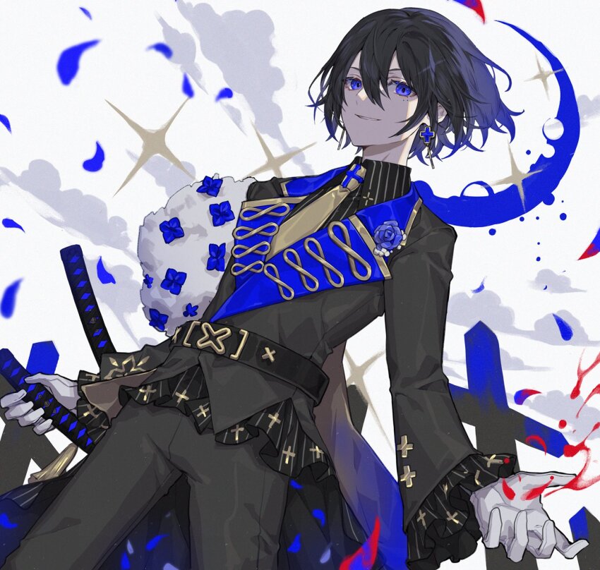 1boy belt black_belt black_collar black_hair black_pants black_shirt black_suit blue_eyes blue_flower blue_petals casting_spell cloud collar commentary commission cowboy_shot crescent cross cross_earrings earrings falling_petals floating_hair flower formal_clothes grin hair_between_eyes highres hinayuri jewelry looking_at_viewer medium_hair multiple_swords necktie original pants parted_lips petals shirt skeb_commission smile solo star_(symbol) suit teeth yellow_necktie
