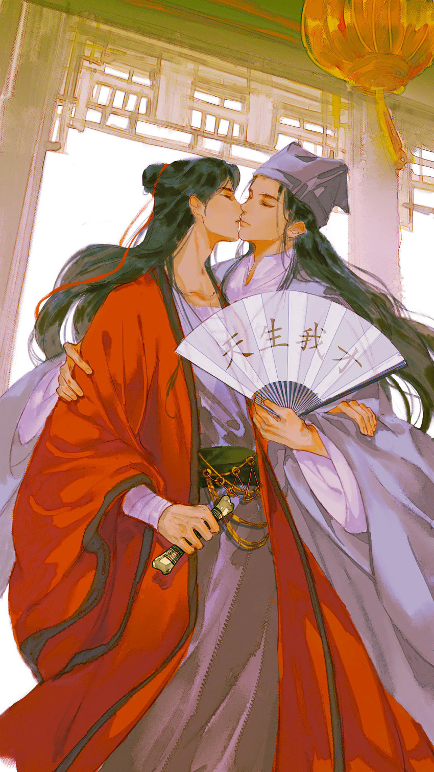 2boys architecture bandaged_arm bandaged_chest bandages black_hair bone chinese_clothes chinese_commentary closed_eyes closed_mouth coat coin coin_(ornament) collarbone couple dao_gui_yi_xian east_asian_architecture fishandwine folding_fan grey_hanfu grey_hat hair_bun hair_ribbon half_updo hand_fan hand_fan_writing hanfu hat highres holding holding_bone holding_fan holed_coin hug indoors jin_(headwear) kiss lantern lattice li_huowang long_hair long_sleeves male_focus multiple_boys open_clothes open_coat paper_fan paper_lantern parted_lips profile red_coat red_ribbon ribbon robe sash single_hair_bun standing sword tassel weapon white_hanfu wide_sleeves yaoi zhouzi_jin_(headwear) zhuge_yuan