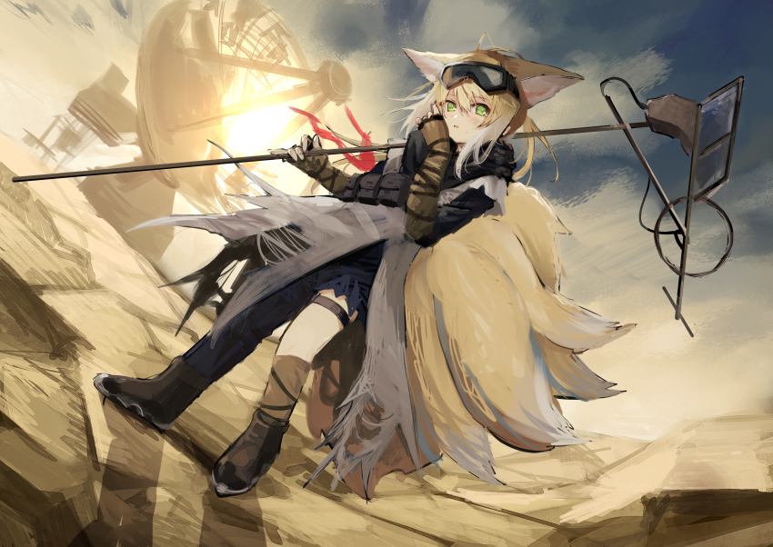 1girl absurdres animal_ears arknights asymmetrical_legwear backlighting bad_id bad_pixiv_id belt_pouch black_boots black_shirt blonde_hair blue_pants boots building cloud commentary desert dust_cloud dutch_angle female_focus fox_ears fox_girl fox_tail full_body goggles goggles_on_head gradient_hair green_eyes grey_cloak hands_up highres holding holding_staff kitsune kyuubi large_tail looking_at_viewer matsuzaka_(matsuzakagyu_29) multicolored_hair multiple_tails official_alternate_costume outdoors pants parted_lips pouch red_ribbon ribbon rock satellite_dish shadow shirt solo staff standing suzuran_(arknights) suzuran_(lostlands_flowering)_(arknights) tail thigh_strap white_hair