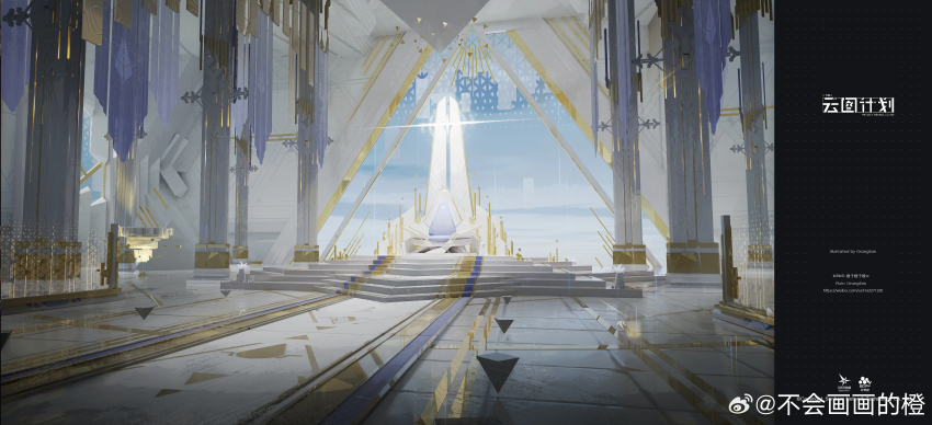 absurdres artist_name banner bilibili_username blue_sky chinese_commentary copyright_name copyright_notice girls&#039;_frontline girls&#039;_frontline_neural_cloud glowing gold highres no_humans official_art orangesw_(yenv5574) pillar pixiv_username scenery sky stairs throne throne_room watermark web_address weibo_username weibo_watermark windo
