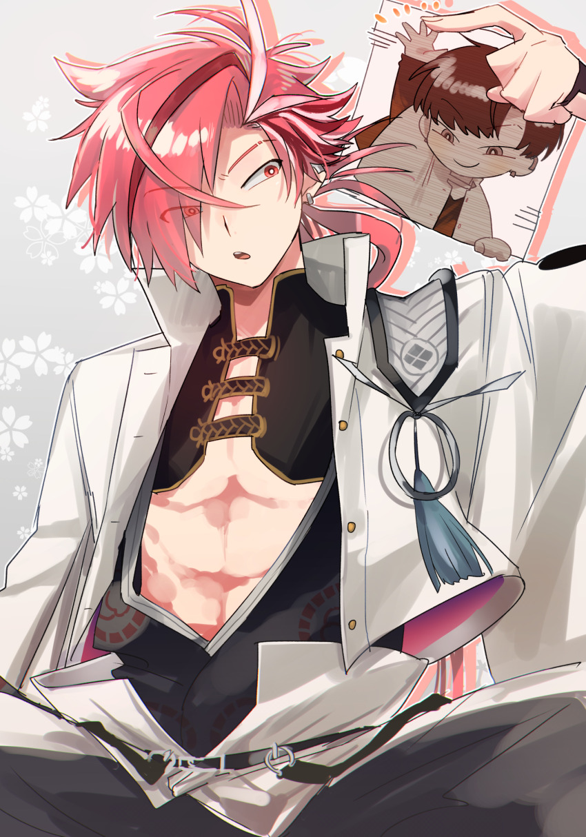 1boy :o abs arm_up belt belt_buckle black_belt black_hakama black_kimono buckle buttons chibi closed_mouth coat commentary_request earclip earrings eyes_visible_through_hair fate/grand_order fate_(series) grey_background hair_over_one_eye hakama highres jacket japanese_clothes jewelry kimono long_hair long_sleeves male_focus multicolored_hair nagatekkou notice_lines open_clothes open_jacket open_mouth parted_bangs pectoral_cleavage pectorals pink_hair red_eyes red_hair sakuramon short_hair simple_background streaked_hair takasugi_shinsaku_(fate) takasugi_shinsaku_(first_ascension)_(fate) tassel teeth upper_teeth_only v-shaped_eyebrows white_coat white_jacket wide_sleeves yuu_(areruya)