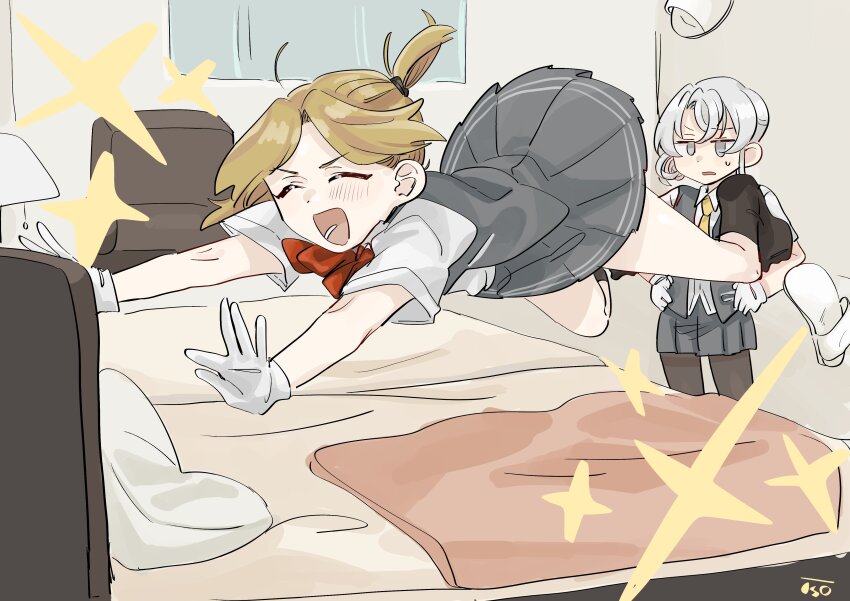 2girls absurdres bed black_pantyhose black_socks blonde_hair blush closed_eyes collared_shirt commission gloves grey_eyes grey_hair grey_skirt grey_vest highres kantai_collection kosame_(iso) maikaze_(kancolle) multiple_girls nowaki_(kancolle) open_mouth pantyhose pleated_skirt pouncing shirt short_sleeves side_ponytail skeb_commission skirt slippers socks sparkle sweat vest white_footwear white_gloves white_shirt
