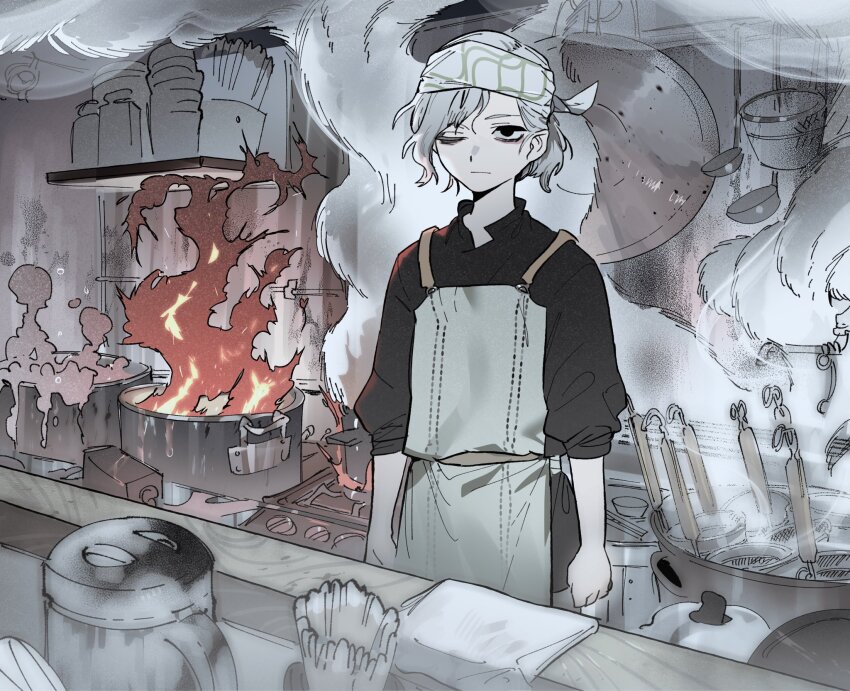 1boy apron bags_under_eyes black_eyes black_skirt bowl dungeon_meshi fire frying_pan gapamopa grey_hair highres kettle kitchen ladle mithrun noodle_strainer one_eye_closed short_hair skirt smoke solo steam stove strainer tagme white_apron