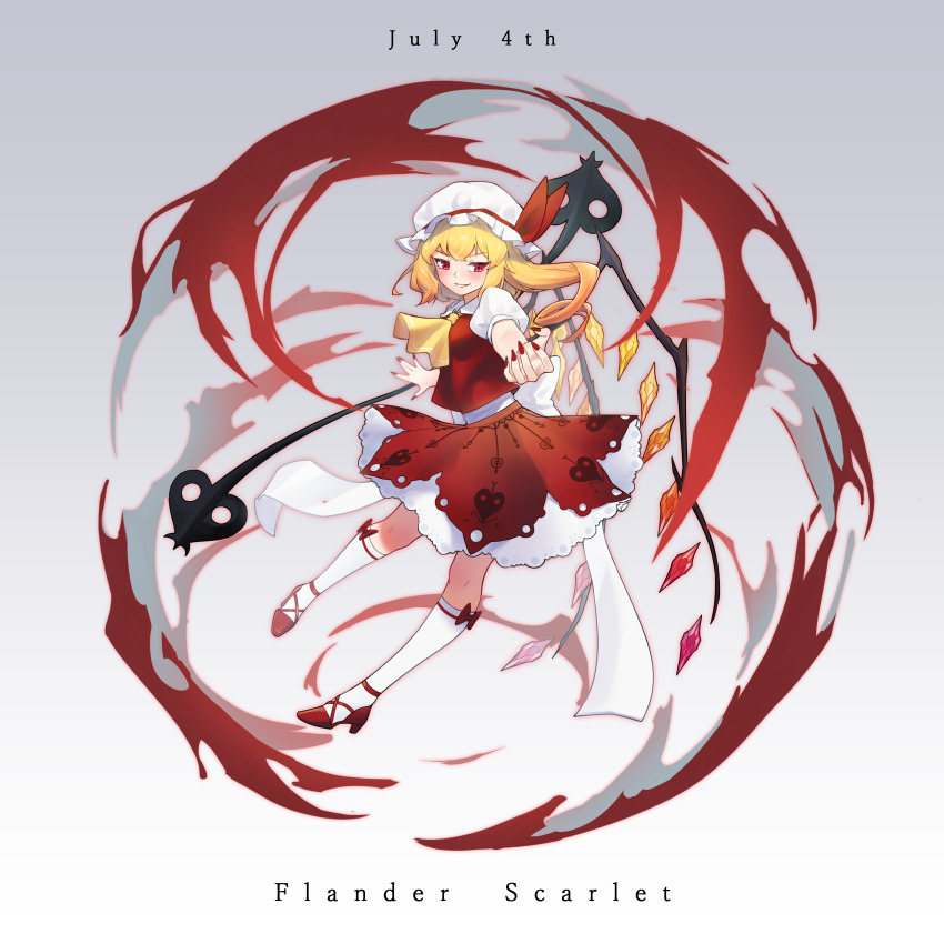 1girl absurdres blonde_hair dated flandre_day flandre_scarlet hat highres holding holding_weapon littiecy mob_cap red_eyes red_skirt red_vest side_ponytail skirt smile solo thighhighs touhou vest weapon white_thighhighs wings