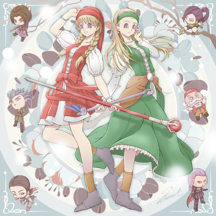 3girls 5boys absurdres blonde_hair blue_eyes boots bow bracelet branch buckle camus_(dq11) chibi dragon_quest dragon_quest_xi dress earrings frills green_dress greig_(dq11) grin hair_ornament hat hero_(dq11) highres jewelry long_hair long_sleeves looking_at_viewer martina_(dq11) multiple_boys multiple_girls necklace puffy_sleeves red_dress row_(dq11) senya_(dq11) shoes short_sleeves siblings signature sisters smile socks staff standing sylvia_(dq11) veronica_(dq11) wand