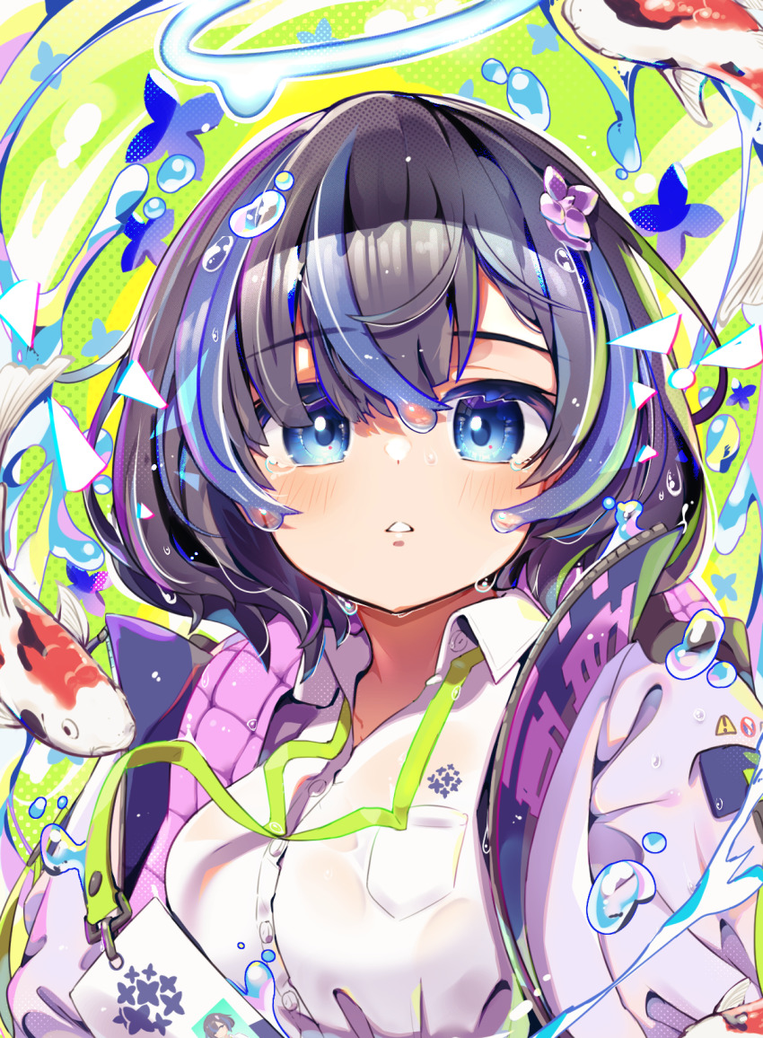 1girl black_hair blue_eyes blue_hair blush breast_pocket breasts bubble collared_shirt drenched_shizuku-san fish flying_fish goldfish hair_ornament halo highres id_card jacket koi lanyard looking_at_viewer mint_hamini multicolored_hair open_clothes parted_lips pocket purple_jacket shirt short_hair solo streaked_hair upper_body vrchat water water_drop wet wet_clothes white_shirt