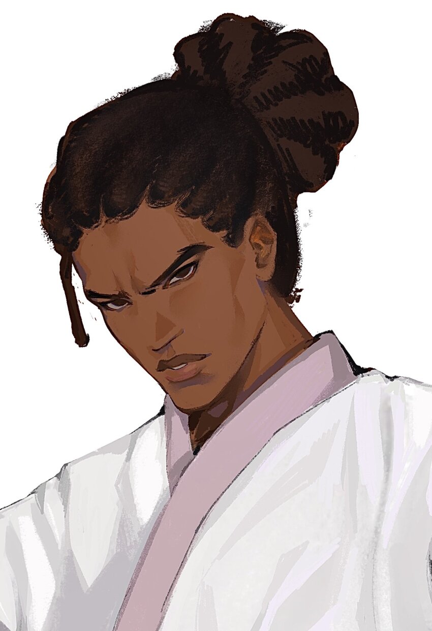 1boy alternate_hairstyle alternate_skin_color brown_eyes brown_hair commentary cropped dreadlocks english_commentary forehead hair_bun highres japanese_clothes kimono lips looking_at_viewer male_focus parted_lips portrait roseflarea samurai_jack samurai_jack_(character) serious simple_background single_hair_bun solo updo v-shaped_eyebrows white_background white_kimono