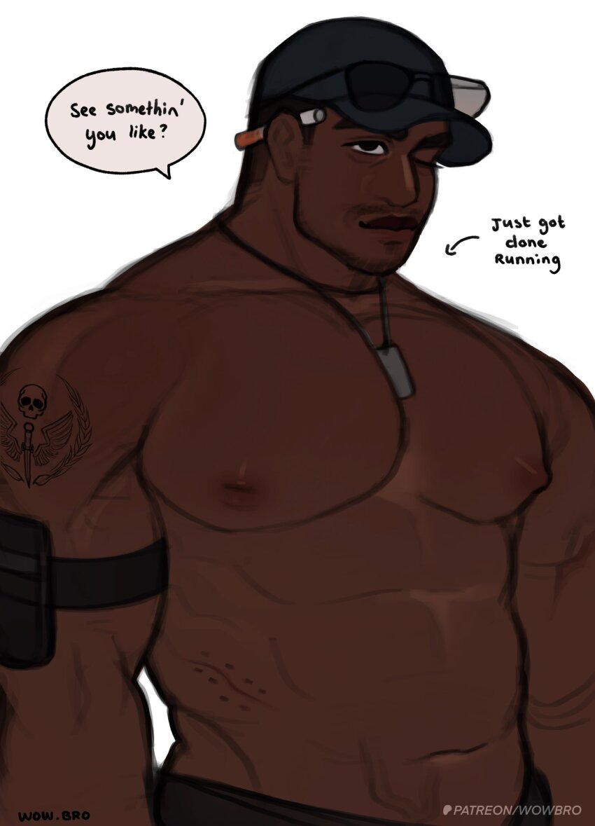 1boy abs alternate_pectoral_size bara baseball_cap beard_stubble black_hair call_of_duty call_of_duty:_modern_warfare_2 cowboy_shot dark-skinned_male dark_skin dog_tags english_text facial_hair gaz_(call_of_duty_4) hat highres male_focus mature_male muscular muscular_male navel necklace_between_pecs nipples one_eye_closed short_hair solo speech_bubble stubble sunglasses topless_male veiny_crotch very_dark_skin wow9bro