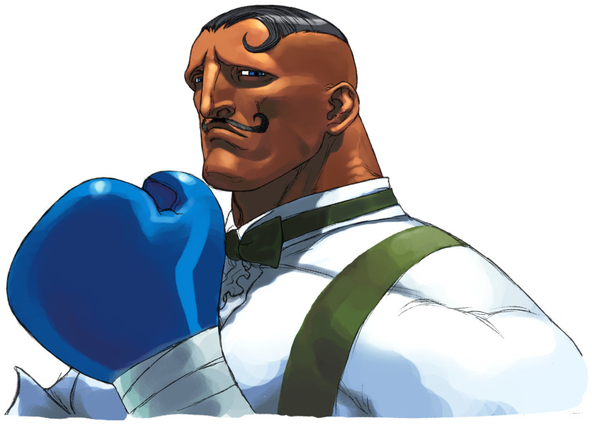 1boy black_hair blue_eyes bow boxing_gloves dark-skinned_male dark_skin dudley facial_hair gloves highres ikeno_daigo male_focus muscular mustache official_art shirt short_hair solo street_fighter street_fighter_iii_(series) very_dark_skin