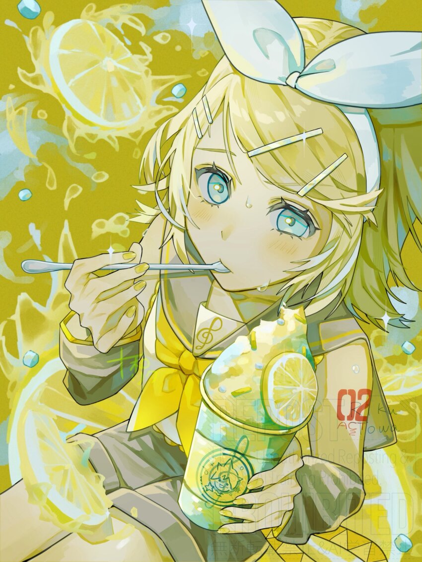 1girl arm_tattoo blonde_hair blue_eyes blush detached_sleeves food from_above fruit grey_sailor_collar grey_shorts grey_sleeves hair_ornament hairband hairclip highres holding holding_spoon kagamine_rin lemon lemon_slice looking_at_viewer medium_hair neckerchief number_tattoo sailor_collar shaved_ice shirt shorts sitting sleeveless sleeveless_shirt solo sparkle spoon sweat swept_bangs tattoo towa_towa_riku upper_body vocaloid white_hairband yellow_neckerchief