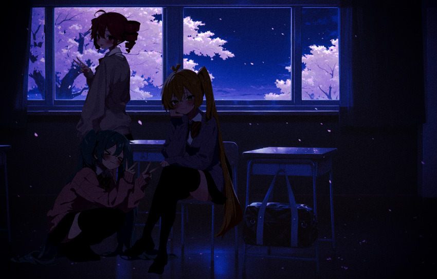 &gt;3&lt; &gt;_&lt; 3girls absurdres ahoge akita_neru alternate_costume antenna_hair aqua_eyes aqua_hair bag black_skirt black_thighhighs blonde_hair blue_hair blush blush_stickers bow bowtie brown_sweater_vest chair cherry_blossoms classroom closed_eyes closed_mouth crossed_legs curtains desk diagonal-striped_bow diagonal-striped_bowtie diagonal-striped_clothes dim_lighting double_v drill_hair full_body grey_sweater_vest hair_between_eyes hand_on_own_chin hatsune_miku highres indoors kasane_teto kasane_teto_(utau) long_hair long_sleeves looking_at_viewer miniskirt multiple_girls night night_sky open_mouth pink_sweater_vest red_bow red_bowtie red_eyes red_hair school_bag school_desk school_uniform shirt side_ponytail sitting skirt sky sleeves_past_wrists smile squatting standing striped_clothes sweater_vest thighhighs tongue tongue_out triple_baka_(vocaloid) triple_ryuunen twin_drills twintails upper_body user_ters7875 utau v vocaloid white_shirt window yellow_eyes zako_(vocaloid)