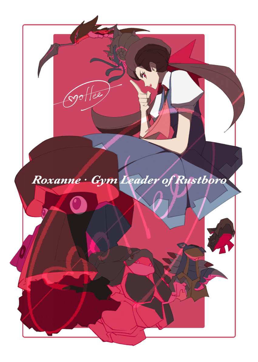 1girl absurdres armaldo ascot border brown_hair cccacademia character_name commentary_request dress eyelashes game_freak gen_1_pokemon gen_3_pokemon gen_4_pokemon golem grey_dress hand_up highres index_finger_raised kabutops long_hair nintendo omastar pink_ascot pink_background pokemon pokemon_(creature) pokemon_oras probopass relicanth roxanne_(pokemon) shirt short_sleeves signature smile twintails white_border white_shirt