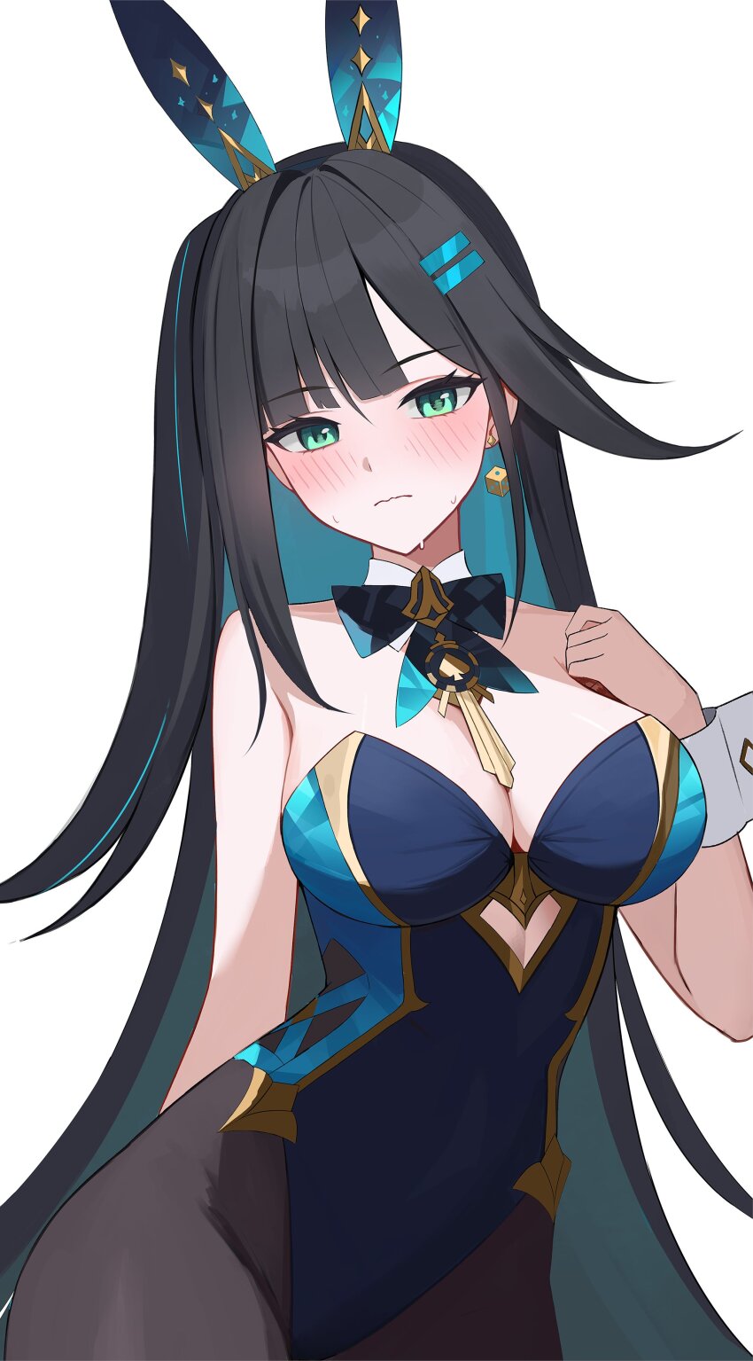 1girl abigail_(black_survival) abigail_(poker_face)_(black_survival) absurdres animal_ears bare_shoulders black_hair black_survival blue_hair blue_leotard blush bow bowtie breasts brown_pantyhose cleavage closed_mouth colored_inner_hair covered_navel cowboy_shot cutout_above_navel detached_collar eternal_return:_black_survival fake_animal_ears green_eyes hand_up hashtag-only_commentary highleg highleg_leotard highres large_breasts leotard long_hair looking_at_viewer multicolored_hair official_alternate_costume one_side_up pantyhose rabbit_ears simple_background solo strapless strapless_leotard streaked_hair sweat two-tone_hair very_long_hair white_background wrist_cuffs yireh