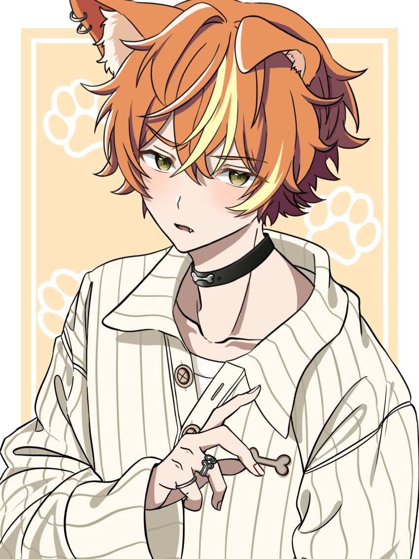 1boy animal_ear_fluff animal_ear_piercing animal_ears arm_up black_choker blush border buttons choker collarbone collared_shirt earrings fang folded_ear hair_between_eyes highres jewelry kemonomimi_mode long_sleeves looking_at_viewer male_focus mofuno multicolored_hair multiple_earrings multiple_rings orange_hair outside_border parted_lips paw_print piercing project_sekai ring shinonome_akito shirt solo streaked_hair striped_clothes striped_shirt upper_body white_border white_shirt wide_sleeves yellow_eyes