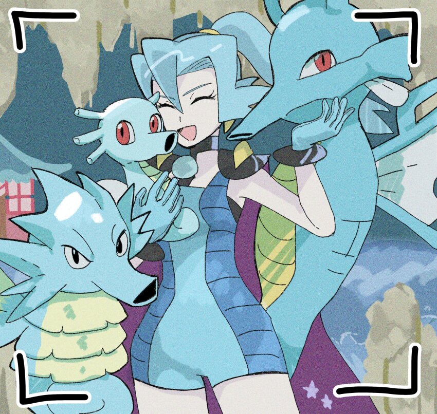 1girl :d ^_^ blue_bodysuit blue_gloves blue_hair blue_skin bodysuit clair_(pokemon) closed_eyes colored_skin evolutionary_line eyelashes fish gen_1_pokemon gen_2_pokemon gloves high_ponytail highres holding holding_pokemon horsea kingdra long_hair nintendo open_mouth pokemon pokemon_(creature) pokemon_hgss ponytail red_eyes seadra seahorse shu_(witb_) sleeveless sleeveless_bodysuit smile standing viewfinder