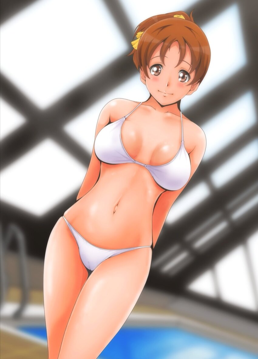 1girl bikini blurry blurry_background blush breasts brown_eyes brown_hair cleavage closed_mouth collarbone cowboy_shot hair_ribbon highres hirasawa_ui indoors k-on! large_breasts nanashi_noiji navel ponytail rei_no_pool ribbon short_hair smile solo standing swimsuit white_bikini yellow_ribbon