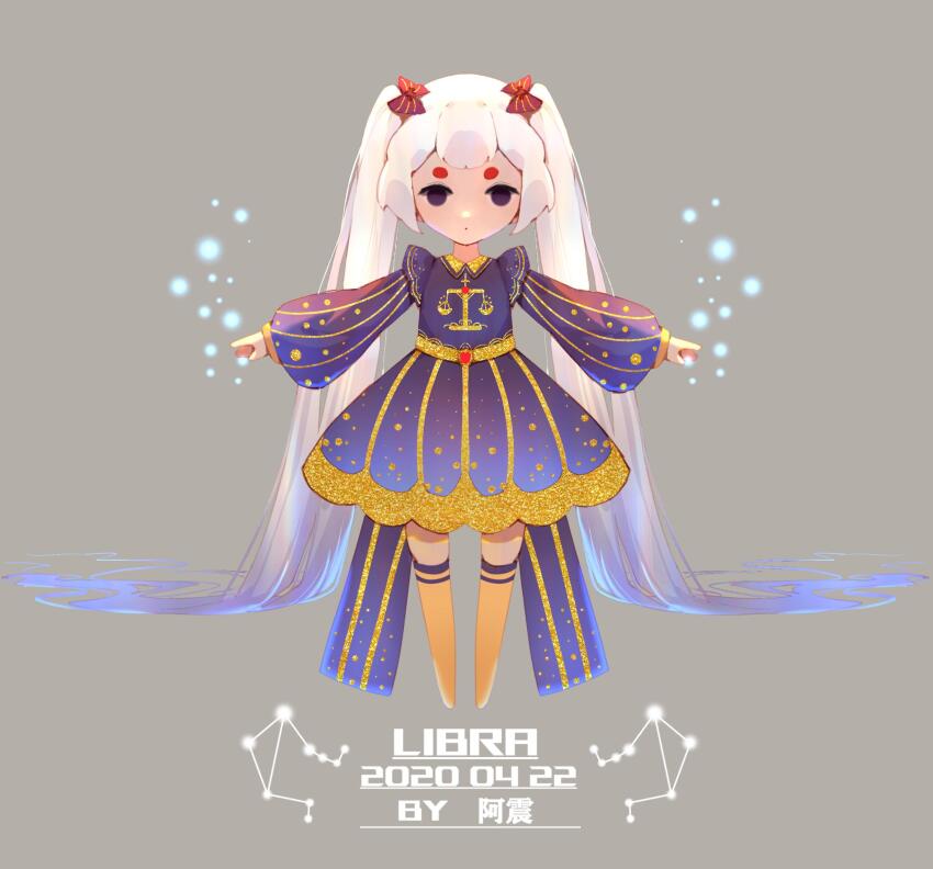 1girl artist_name black_eyes blue_hair boots bow chibi closed_mouth dated dot_mouth dress full_body gradient_hair hair_bow highres libra_(constellation) libra_(zodiac) long_hair long_sleeves multicolored_hair orange_boots original outstretched_arms puffy_long_sleeves puffy_sleeves purple_dress red_bow short_eyebrows solo standing thigh_boots twintails very_long_hair white_hair yi_er_san zodiac