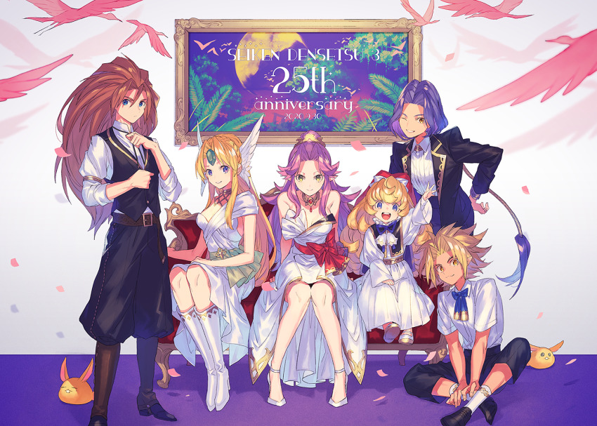 3boys angela_(seiken_densetsu_3) anniversary bird blonde_hair boots breasts brown_hair charlotte_(seiken_densetsu_3) cleavage duran_(seiken_densetsu_3) ebira formal_clothes hawkeye_(seiken_densetsu_3) kevin_(seiken_densetsu_3) long_hair looking_at_viewer multiple_boys purple_hair rabite_(seiken_densetsu) riesz seiken_densetsu seiken_densetsu_3 smile spiked_hair suit wide_shot winged_hair_ornament