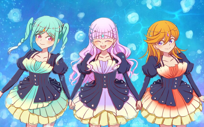 3girls :d ^_^ absurdres alt_text aqua_dress aqua_hair blue_background blunt_bangs blush braided_twintails bubble_rise_(love_live!) closed_eyes closed_mouth collarbone colored_eyelashes commentary_request cowboy_shot dress earrings gradient_clothes gradient_dress hair_between_eyes highres holding_hands interlocked_fingers jewelry long_hair love_live! love_live!_superstar!! multicolored_dress multiple_girls official_alternate_costume onitsuka_tomari open_mouth orange_dress orange_hair parted_bangs pink_eyes purple_dress purple_eyes purple_hair seiha_(hnumkt) shibuya_kanon sidelocks smile split_mouth swept_bangs teeth translation_request upper_teeth_only very_long_hair wavy_hair wien_margarete yellow_dress