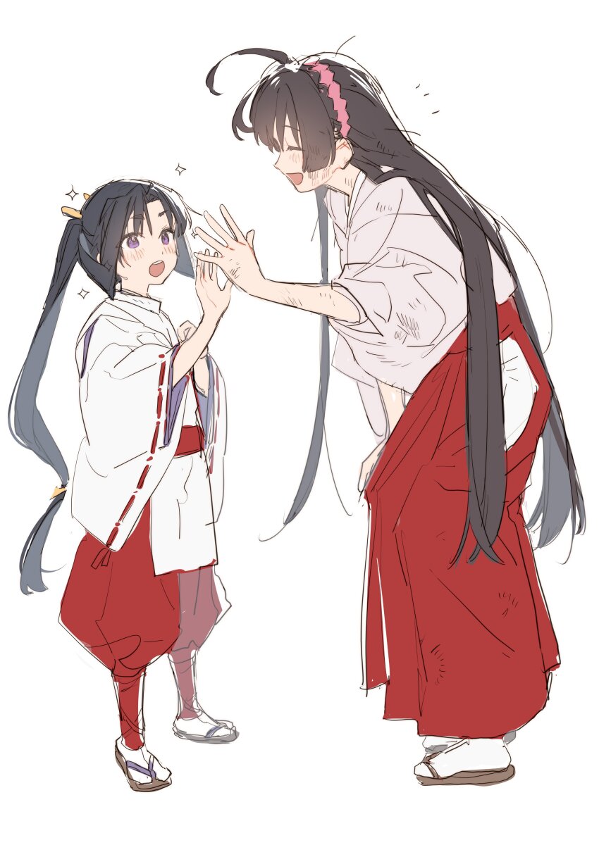 1boy 1girl :d :o absurdres ahoge bending black_hair blunt_sidelocks blush child closed_eyes dirty dirty_clothes dirty_face full_body hairband hakama hakama_pants hand_on_own_knee hand_up height_difference highres houjou_tokiyuki_(nige_jouzu_no_wakagimi) japanese_clothes kariginu long_hair low-tied_long_hair messy_hair miko mochizuki_ayako motoyui nige_jouzu_no_wakagimi open_mouth pants parted_bangs profile purple_eyes red_hakama ribbon-trimmed_sleeves ribbon_trim sandals sidelocks_tied_back simple_background size_difference smile sparkle tabi teeth tefco upper_teeth_only very_long_hair white_background zouri