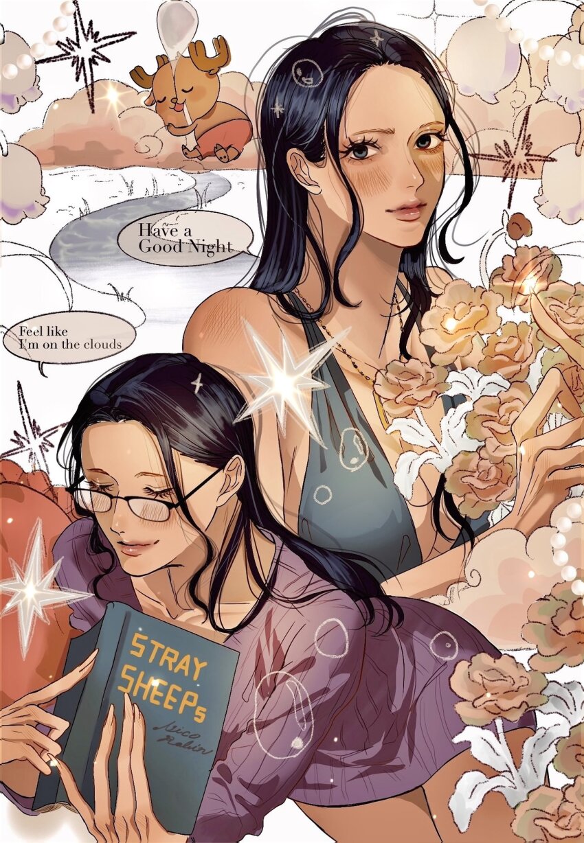 1boy 1girl blue_dress blush book bouquet commentary dress english_commentary english_text flower glasses highres holding holding_book holding_bouquet jewelry long_hair looking_at_viewer multiple_views necklace nico_robin one_piece purple_dress rihirihi613 sleeping sparkle speech_bubble squeans striped_clothes striped_dress tony_tony_chopper vertical-striped_clothes vertical-striped_dress