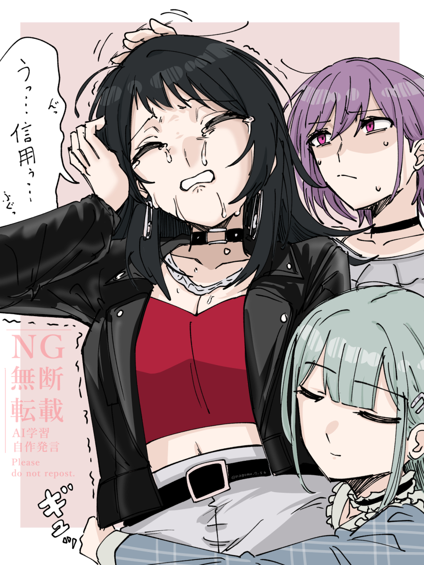 3girls bang_dream! bang_dream!_it&#039;s_mygo!!!!! black_choker black_hair black_jacket breasts choker cleavage commentary_request crying earrings green_hair hair_ornament hairclip headpat highres jacket jewelry medium_hair midriff multiple_girls nagomu_7_56 navel necklace nervous_sweating pink_eyes purple_hair red_shirt shirt sweat translation_request trembling wakaba_mutsumi yahata_umiri yuutenji_nyamu