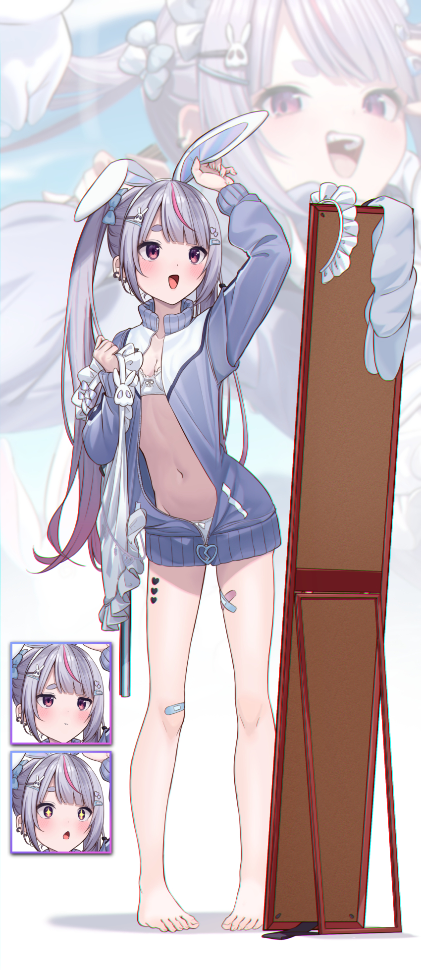 +_+ 1girl :d absurdres animal_ears arurire bandaid bandaid_on_knee bandaid_on_leg bandaid_on_thigh barefoot blue_bow blunt_bangs blush bow bow_panties bra breasts ear_piercing multiple_expressions fake_animal_ears full-length_mirror full_body gradient_hair grey_jacket hair_bow hair_ornament hairclip heart heart_hair_ornament highres holding_apron jacket jersey_maid long_hair long_sleeves maid maid_headdress mirror multicolored_hair navel no_pants open_mouth panties petite piercing pink_hair pout rabbit_ears rabbit_hair_ornament short_eyebrows single_ear_down small_breasts smile standing stomach streaked_hair thick_eyebrows tosaki_mimi tosaki_mimi_(4th_costume) turtleneck turtleneck_jacket twintails unconventional_maid underwear unworn_legwear unzipped very_long_hair virtual_youtuber vspo! white_bra white_panties zipper zoom_layer