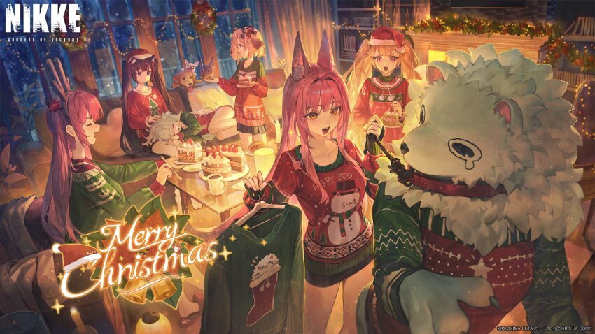 6+girls alternate_costume animal_ear_fluff animal_ears biscuit_(nikke) cake cat_ears cat_girl christmas christmas_sweater dog dog_ears dog_girl dog_tail fluffy_hair food goddess_of_victory:_nikke happy_zoo_(nikke) highres lap_pillow leash leona_(nikke) lion lion_ears lion_girl long_hair merry_christmas miranda_(nikke) multiple_girls nero_(nikke) official_art poli_(nikke) privaty_(nikke) sleeping tail timi_(nikke) twintails very_long_hair white_hair
