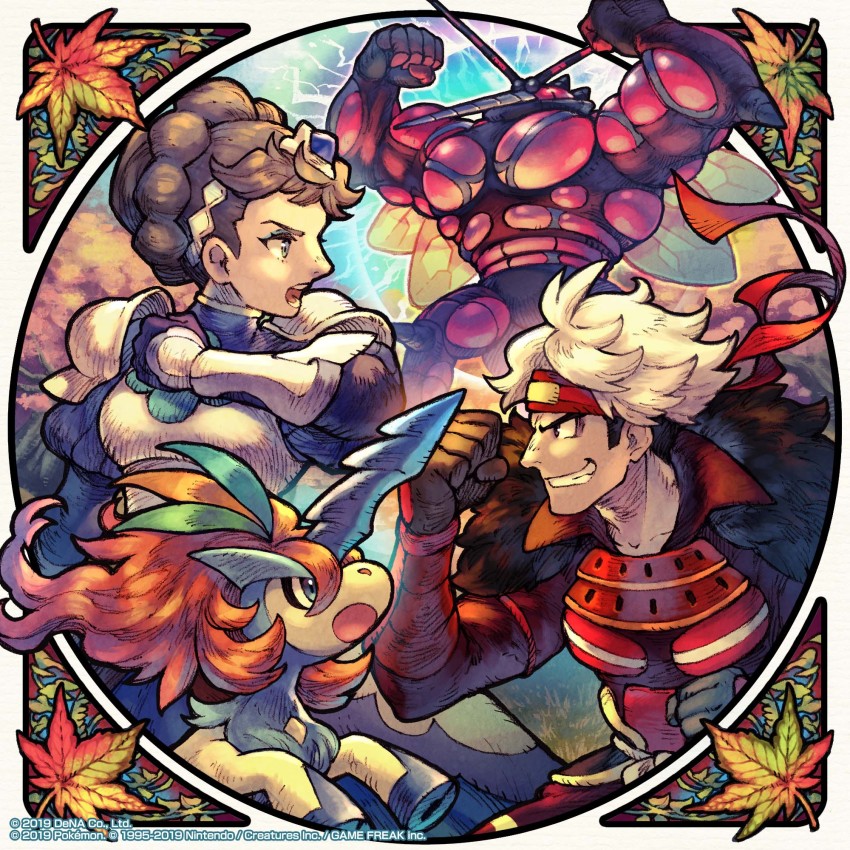 1boy 1girl armor artist_request autumn_leaves black_eyes black_hair border breastplate brown_gloves buzzwole check_artist clenched_hand commentary_request diantha_(pokemon) diantha_(special_costume)_(pokemon) eyelashes eyeshadow from_side gen_5_pokemon gen_7_pokemon gloves grey_eyes grin guzma_(pokemon) guzma_(special_costume)_(pokemon) hashibi_rokou headband highres keldeo leaf legendary_pokemon makeup multicolored_hair mythical_pokemon nintendo official_alternate_costume official_art open_mouth pokemon pokemon_(creature) pokemon_masters_ex red_headband short_hair shoulder_armor smile teeth two-tone_hair ultra_beast undercut white_border white_hair