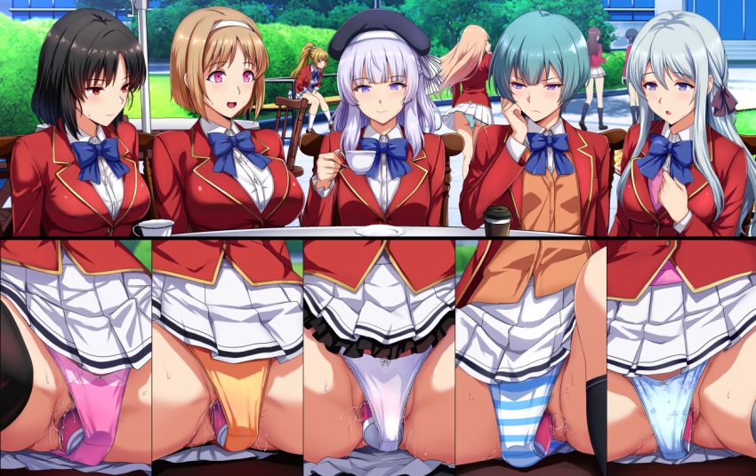 6+girls aqua_hair black_hair blazer blue_panties breasts brown_hair commentary_request cup daiaru dildo dildo_under_clothes dildo_under_panties grey_hair hairband hat horikita_suzune ibuki_mio ichinose_honami_(youjitsu) jacket karuizawa_kei kushida_kikyou large_breasts long_hair medium_breasts medium_hair multiple_girls object_insertion outdoors panties people pink_eyes pink_panties pleated_skirt purple_eyes pussy_juice red_eyes red_jacket sakayanagi_arisu satou_maya school_uniform sex_toy shiina_hiyori shinohara_satsuki shirt short_hair sitting skirt small_breasts smile striped_clothes striped_panties table teacup underwear vaginal vaginal_object_insertion vibrator vibrator_under_clothes vibrator_under_panties white_hairband white_panties white_shirt white_skirt yellow_panties youkoso_jitsuryoku_shijou_shugi_no_kyoushitsu_e