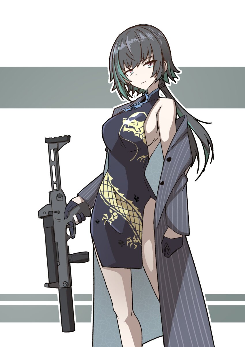 1girl black_dress blue_archive breasts china_dress chinese_clothes commentary_request cosplay dragon_print dress girls&#039;_frontline girls&#039;_frontline_2:_exilium highres jacket kisaki_(blue_archive) kisaki_(blue_archive)_(cosplay) large_breasts minami_shin_(zenshuu_bougyo) pelvic_curtain pinstripe_jacket pinstripe_pattern print_dress sideboob solo striped_clothes striped_jacket vertical-striped_clothes vertical-striped_jacket zhaohui_(girls&#039;_frontline_2)
