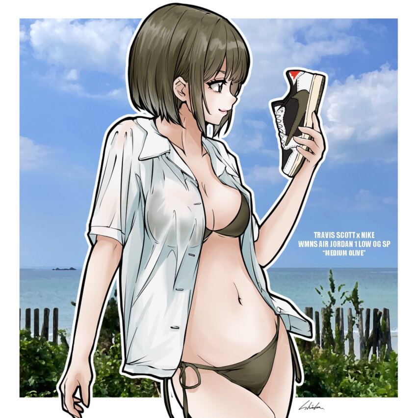 1girl bambi_surprise blouse book breasts female_focus highres holding holding_book large_breasts nike_(company) reading shirt shoes short_hair sneakers tagme