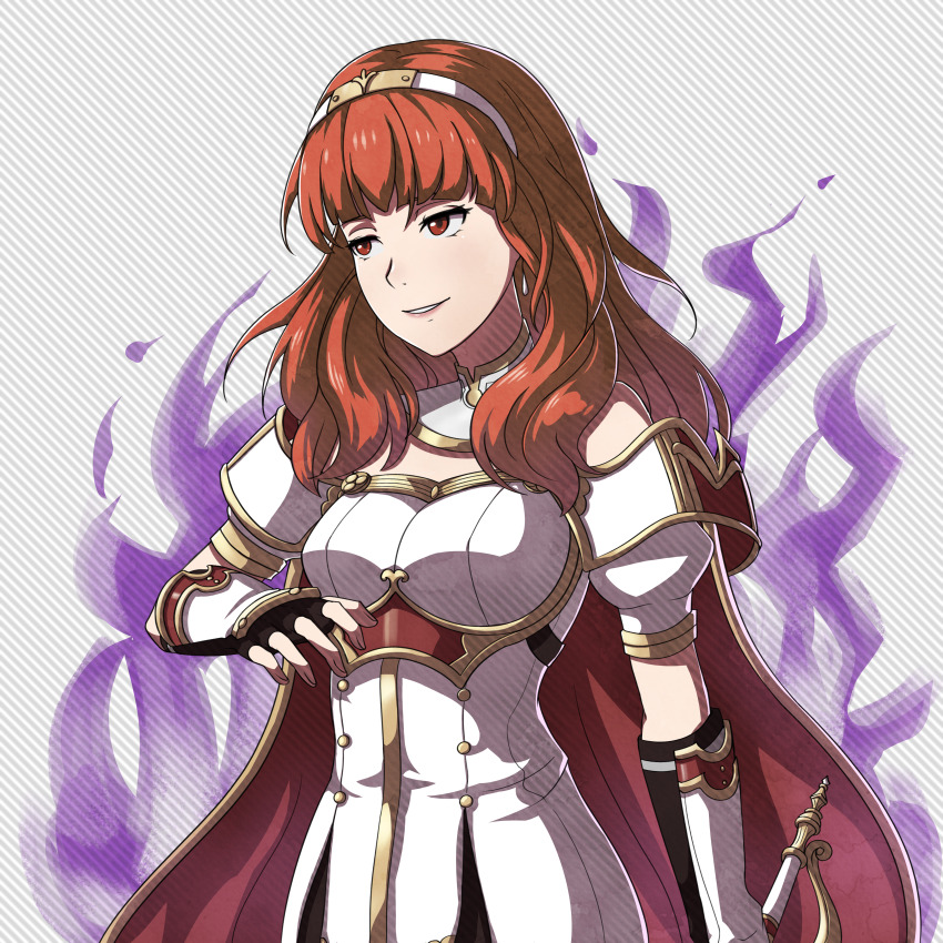 1girl absurdres armor aura breastplate cape celica_(fire_emblem) celica_(imprisoned_soul)_(fire_emblem) choker dark_aura dress earrings enluna53 evil_smile fingerless_gloves fire_emblem fire_emblem_echoes:_shadows_of_valentia gloves highres holding holding_sword holding_weapon jewelry long_hair nintendo princess red_eyes red_hair smile sword tiara weapon white_armor white_dress witch