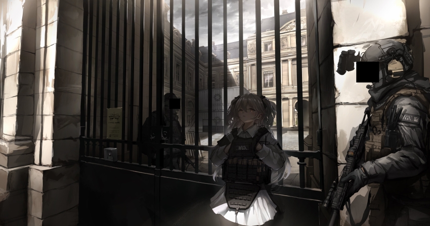 1girl 2boys absurdres action_camera ammunition_pouch assault_rifle black_gloves body_armor brown_eyes building censored censored_identity collared_dress commentary dress english_commentary gate gloves grey_sky gun hair_between_eyes headset helmet highres holding holding_gun holding_weapon lliftt long_sleeves military mixed-language_commentary multiple_boys original outdoors overcast parted_lips pouch rifle rifle_cartridge shipping_container sky soldier two_side_up video_camera weapon