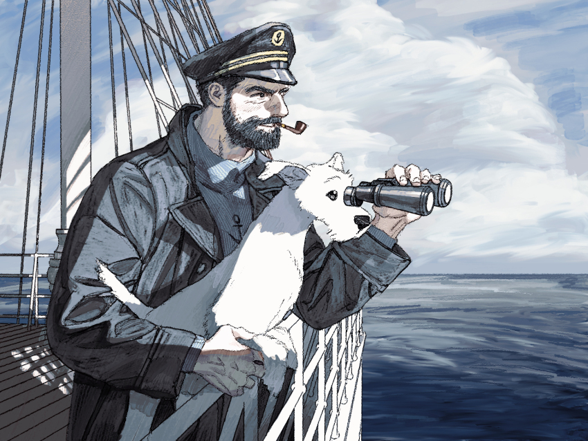 1boy against_railing anchor_print animal aquiline_nose beard binoculars black_coat black_eyes black_hair blue_sky blue_sweater captain_archibald_haddock cloud cloudy_sky coat dog facial_hair from_side hand_up hat highres holding holding_animal holding_binoculars holding_dog horizon jaddddan looking_afar looking_ahead male_focus milou_(tintin) mouth_hold mustache nose ocean open_clothes open_coat outdoors peaked_cap print_sweater railing sailing_ship serious short_hair sky smoking_pipe solo sweater terrier_(dog) tintin turtleneck turtleneck_sweater upper_body