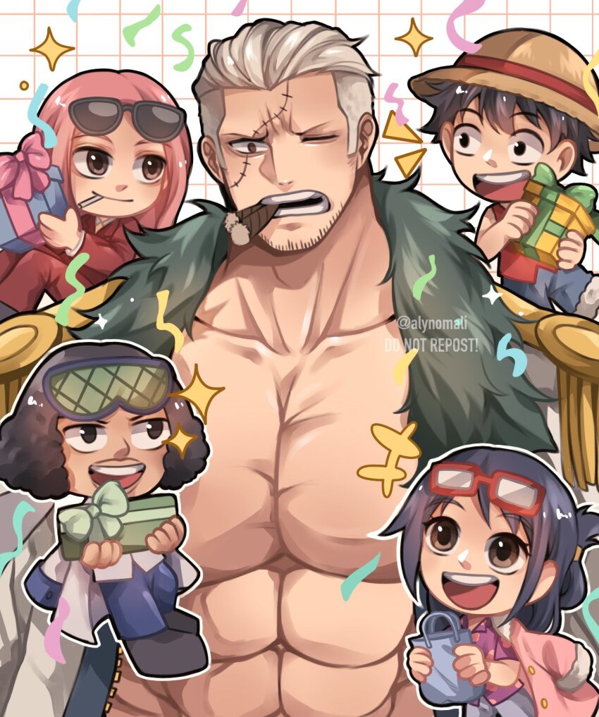 2girls 3boys alynomali aokiji_(one_piece) bara birthday box gift gift_box highres hina_(one_piece) huge_pectorals male_focus monkey_d._luffy multiple_boys multiple_girls muscular muscular_male one_piece pectoral_cleavage pectorals short_hair smoker_(one_piece) sparse_stubble stitches tashigi white_hair