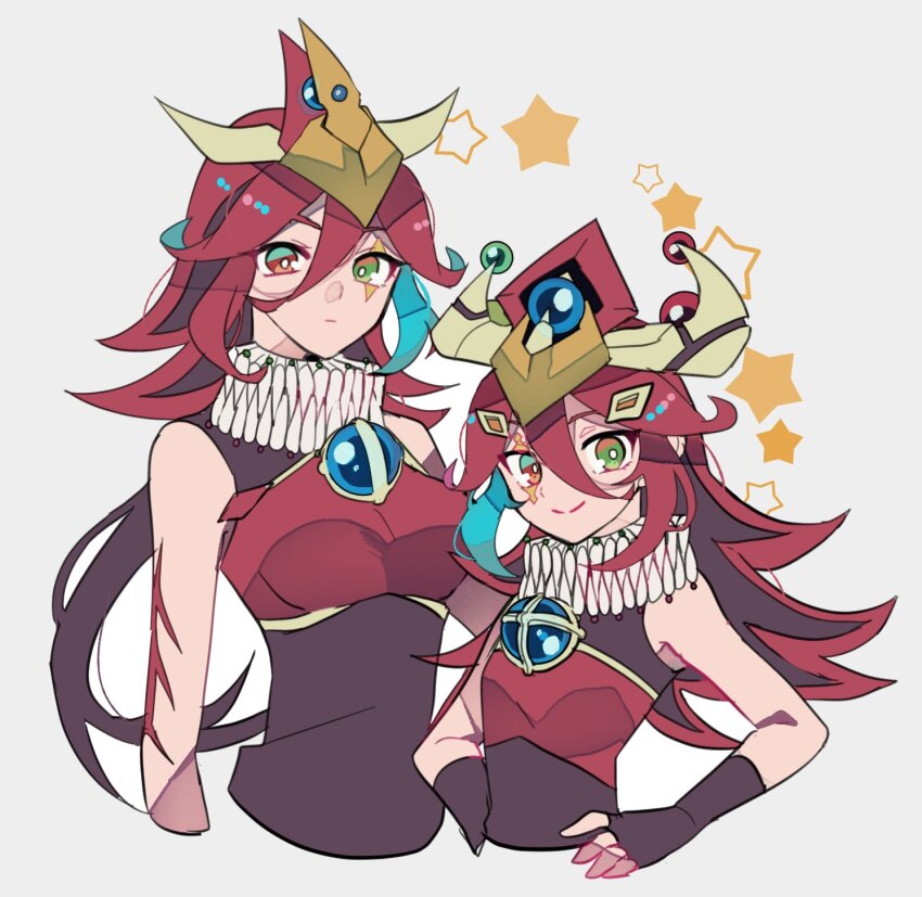 2girls aqua_hair bare_shoulders black_gloves cosplay fingerless_gloves gloves green_eyes hands_on_own_hips hat heterochromia highres long_hair multicolored_hair multiple_girls neck_ruff odd-eyes_dragon odd-eyes_dragon_(cosplay) odd-eyes_pendulum_dragon odd-eyes_pendulum_dragon_(cosplay) red_eyes sleeveless smile teketeke_(tasutekete) upper_body white_background yu-gi-oh! yu-gi-oh!_cross_duel