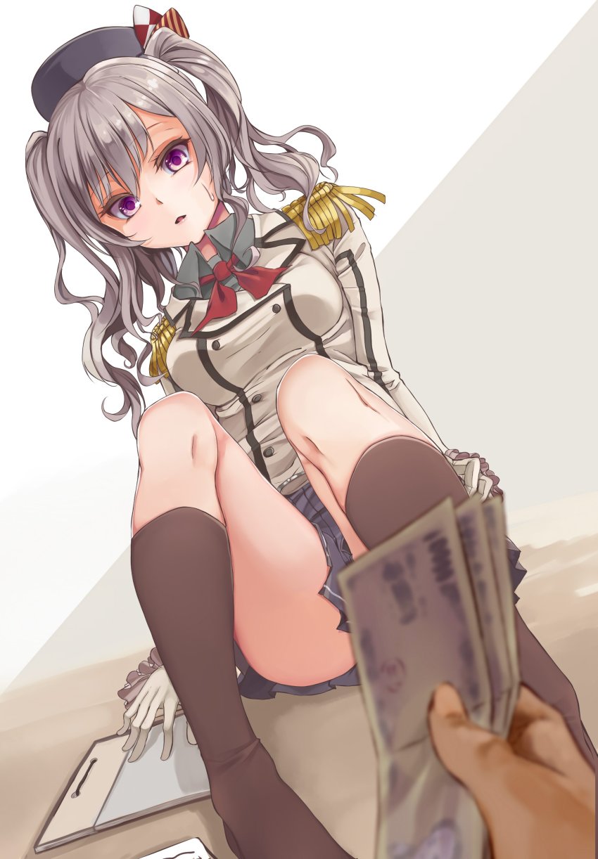 10s 1girl absurdres arms_at_sides black_socks breasts clothes_between_thighs epaulettes female_focus gloves hat highres holding holding_money kantai_collection kashima_(kancolle) kneehighs large_breasts long_hair looking_at_viewer medium_breasts meme military military_uniform miniskirt mizuiro_raika money prostitution purple_eyes silver_hair sitting skirt socks solo sweat tucked_money twintails wavy_hair white_gloves wing_collar yen