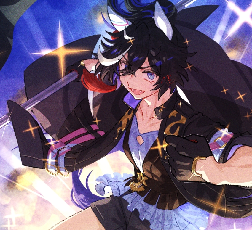 1girl animal_ears belt black_gloves black_hair blue_eyes blue_shirt clenched_hand collarbone commentary_request ear_covers flag flagpole gloves hair_between_eyes hair_ornament holding holding_pole horse_ears horse_girl horse_tail jacket jagaimobeniko katsuragi_ace_(umamusume) letterboxed long_sleeves medium_hair multicolored_hair open_mouth over_shoulder pink_belt pole ponytail shirt smile solo sparkle standing streaked_hair tail tassel tassel_hair_ornament two-tone_gloves umamusume white_hair