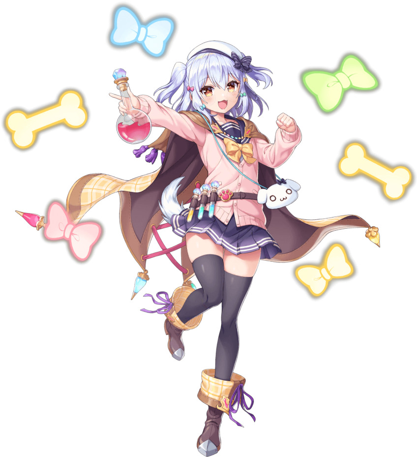 1boy :3 artist_request belt bow bowtie cape cartoon_bone clenched_hand dog_tail fang full_body game_cg hair_bow highres holding_potion inuyama_tamaki legend_clover light_blush male_focus multiple_hair_bows noripro official_art open_mouth orange_eyes school_uniform serafuku skirt solo tail test_tube thighhighs third-party_source transparent_background virtual_youtuber zettai_ryouiki