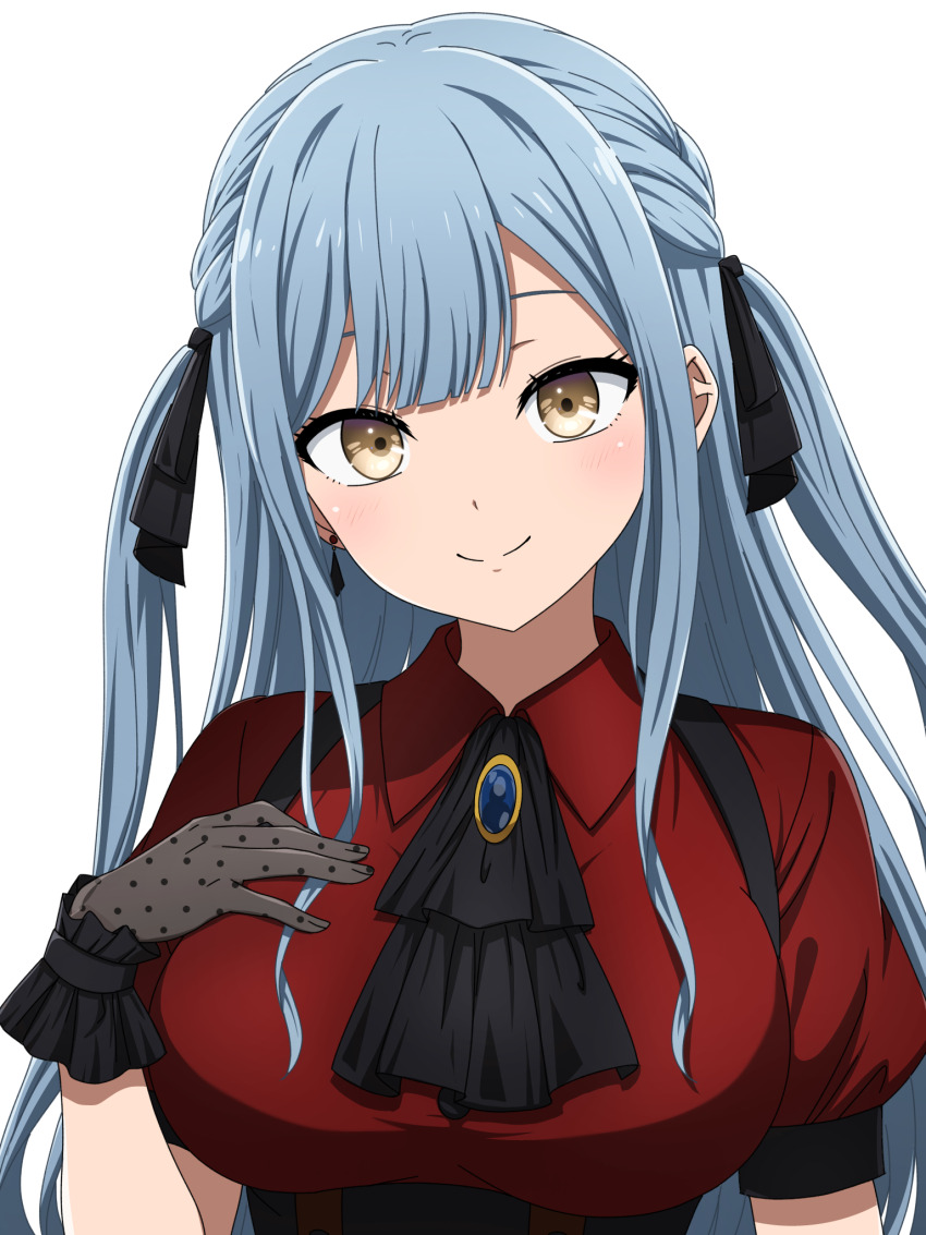 1girl bang_dream! bang_dream!_it&#039;s_mygo!!!!! black_corset black_gloves black_ribbon blue_brooch blue_hair blush breasts closed_mouth commentary_request corset earrings gloves hair_ribbon hand_on_own_chest highres jewelry large_breasts long_hair looking_at_viewer noshimurin oblivionis_(bang_dream!) red_shirt ribbon shirt sidelocks simple_background smile solo togawa_sakiko two_side_up upper_body white_background yellow_eyes