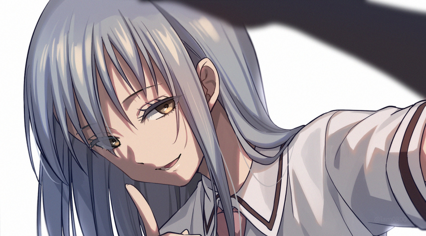 1other androgynous aozora_tsugumi asada_hachi asobi_asobase brown_eyes brown_necktie collared_shirt commentary_request hair_between_eyes highres index_finger_raised long_hair looking_at_viewer necktie other_focus shirt silver_hair simple_background smile solo twitter_username upper_body watermark white_background white_shirt