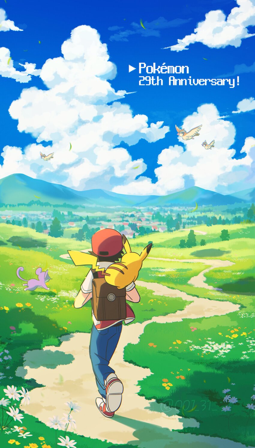 1boy absurdres anniversary backpack bag black_hair blue_pants blue_sky chueog cloud copyright_name creatures_(company) cumulonimbus_cloud day dirt_road facing_away flower flying from_behind game_freak gen_1_pokemon grass hashtag-only_commentary hat highres jacket mountainous_horizon nintendo orange_flower outdoors pants pidgey pikachu pokemon pokemon_(creature) pokemon_day pokemon_rgby purple_flower rattata red_(pokemon) red_hat red_jacket road scenery shoe_soles shoes short_hair short_sleeves sky spiked_hair town tree twitter_username walking white_flower