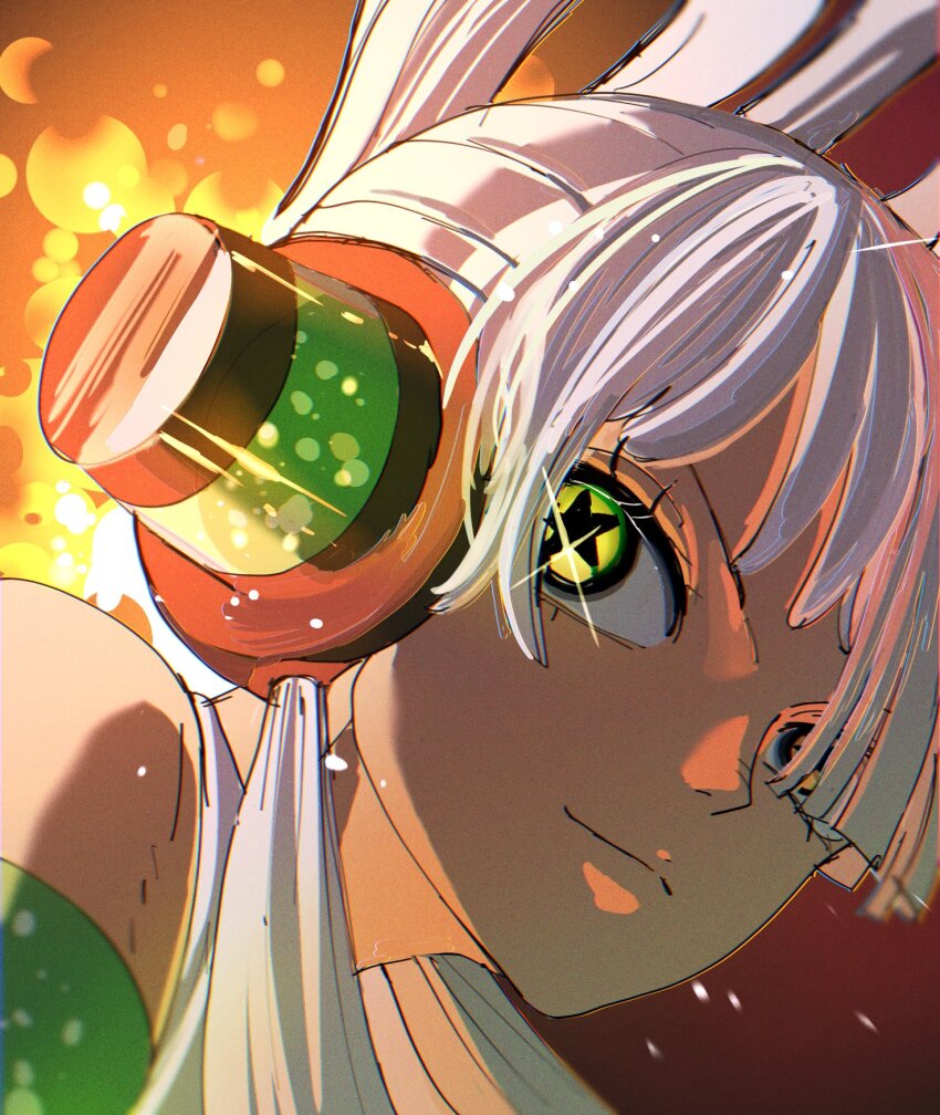 1girl 4pimh close-up closed_mouth commentary_request eyelashes fire hair_over_one_eye headphones highres korean_commentary light_smile one_piece one_piece_film:_red seraphim_(one_piece) sidelocks solo star-shaped_pupils star_(symbol) symbol-shaped_pupils twintails uta_(one_piece) white_hair