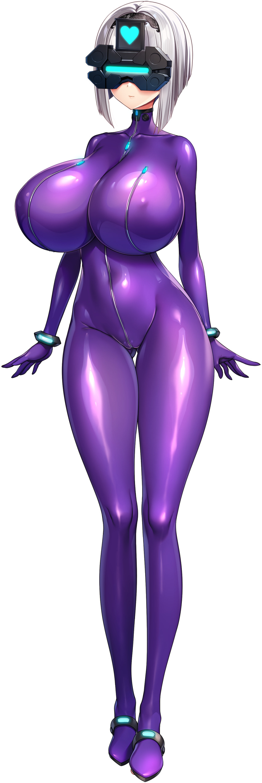 1girl absurdres akagi_rio arms_at_sides black_hairband blunt_bangs bob_cut bodysuit breast_zipper breasts covered_erect_nipples covered_navel emoji full-length_zipper full_body game_cg gluteal_fold grey_hair hairband head-mounted_display heart highres huge_breasts impossible_bodysuit impossible_clothes light_smile looking_at_viewer medium_hair meena_1919 milk_factory motto!_haramase!_honoo_no_oppai_isekai_oppai_maid_gakuen! non-web_source official_art purple_bodysuit smile solo sprite standing tachi-e transparent_background yellow_eyes zipper