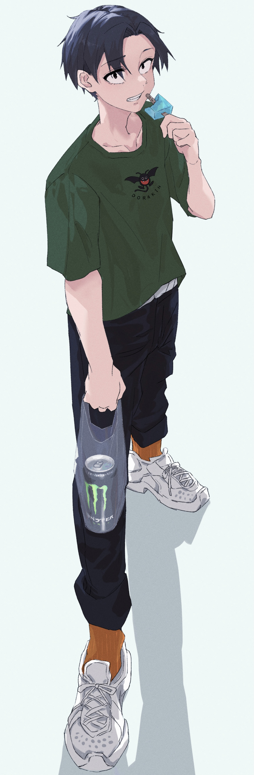 1boy absurdres bad_proportions black_eyes black_hair black_pants collarbone dracky dragon_quest eating food full_body green_shirt highres looking_at_viewer male_focus monster_energy pants popsicle print_shirt qto_toto shirt shoes simple_background sneakers solo standing t-shirt white_background white_shoes yamori_kou yofukashi_no_uta